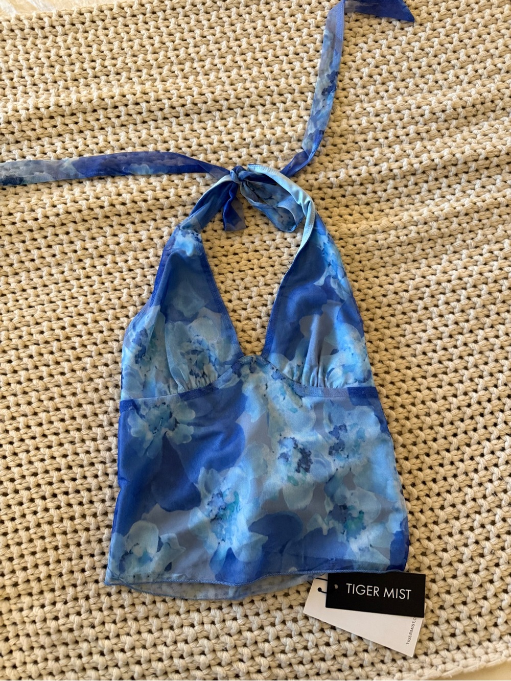 Tiger Mist Blue Floral Halter Tie-Neck Crop Top